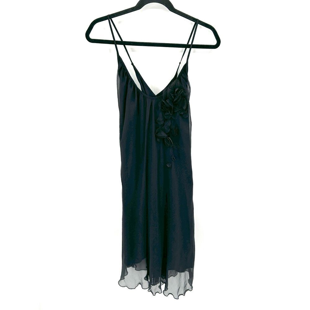 GOLD HAWK Black 100% Silk Floral Embellished Y2K Shift Slip Dress Size Medium